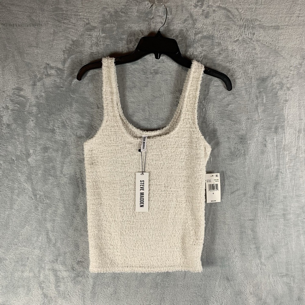 Steve Madden Women's Tank Top S Sleep Chenille Fuzzy Scoop Neck White NWT
